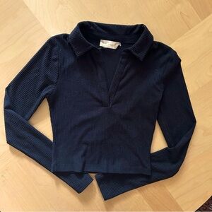 Altar’d State Black Ribbed Long Sleeve Crop Top with collar